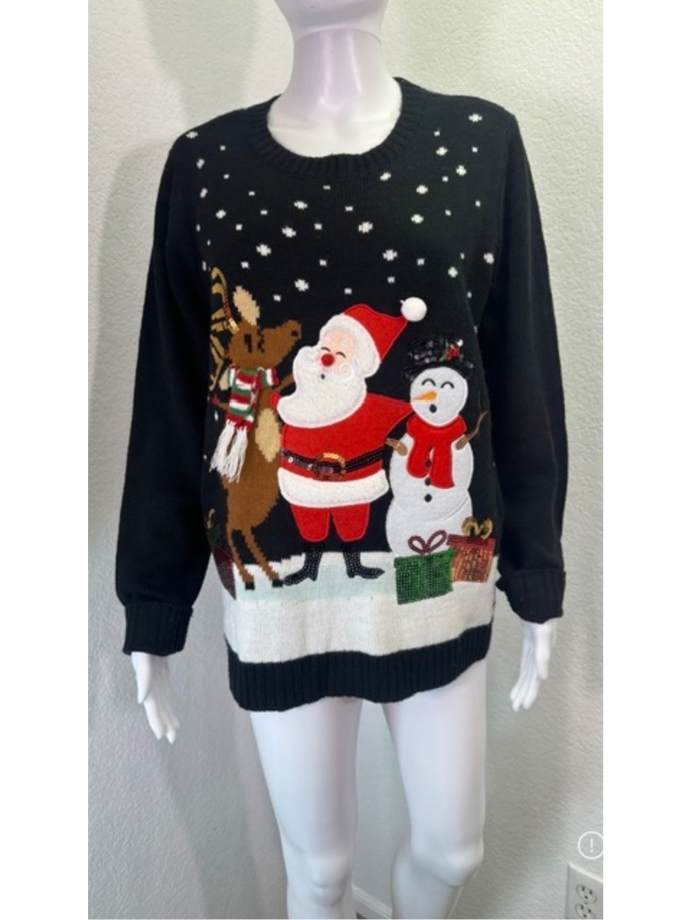 Women’s Sz L Karen Scott Black Ugly Christmas Sweater Santa Snowman Sequin